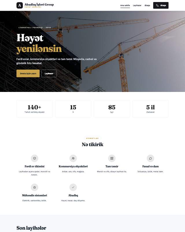 Abadlıq işləri · Tünd veb sayt şablonunun ekran görüntüsü