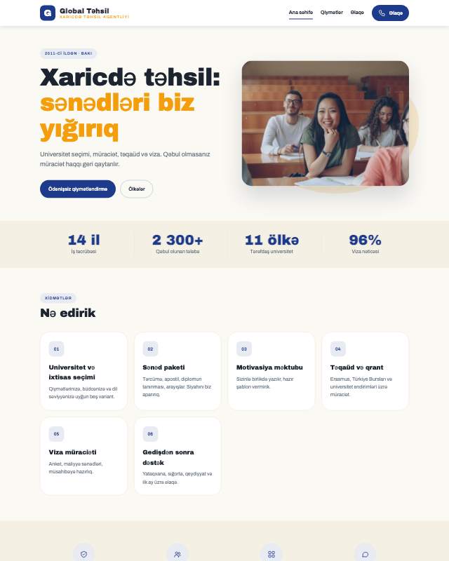 Xaricdə təhsil agentliyi üçün veb sayt şablonunun ekran görüntüsü