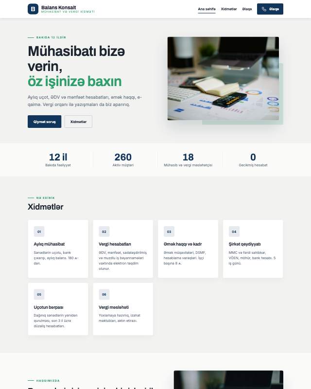 Mühasibat xidməti sayt dizaynının ekran görüntüsü