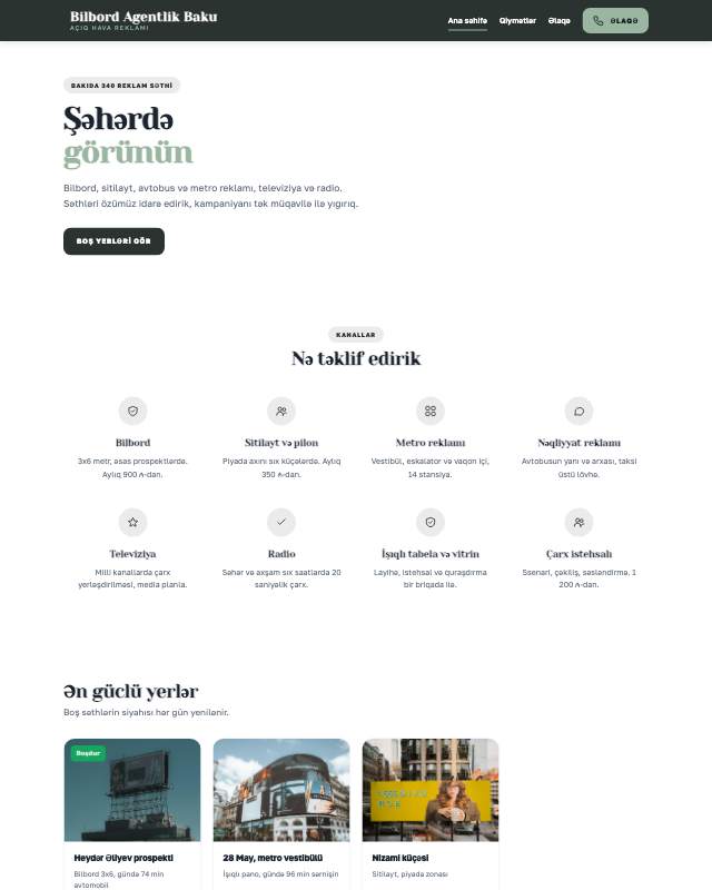 Açıq hava reklamı · Sakit sayt dizaynının ekran görüntüsü