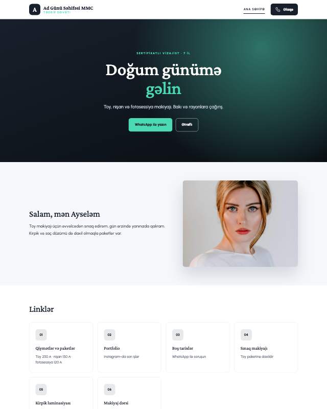 Ad günü səhifəsi · Modern sayt dizaynının ekran görüntüsü
