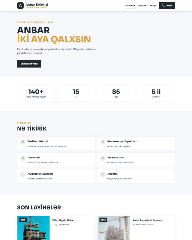Anbar tikintisi üçün veb sayt şablonunun ekran görüntüsü