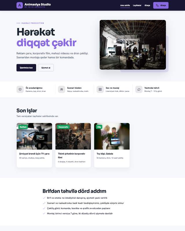 Animasiya studiyası üçün veb sayt şablonunun ekran görüntüsü