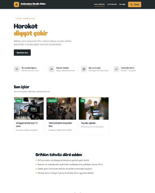 Animasiya studiyası · Kart sayt dizaynının ekran görüntüsü