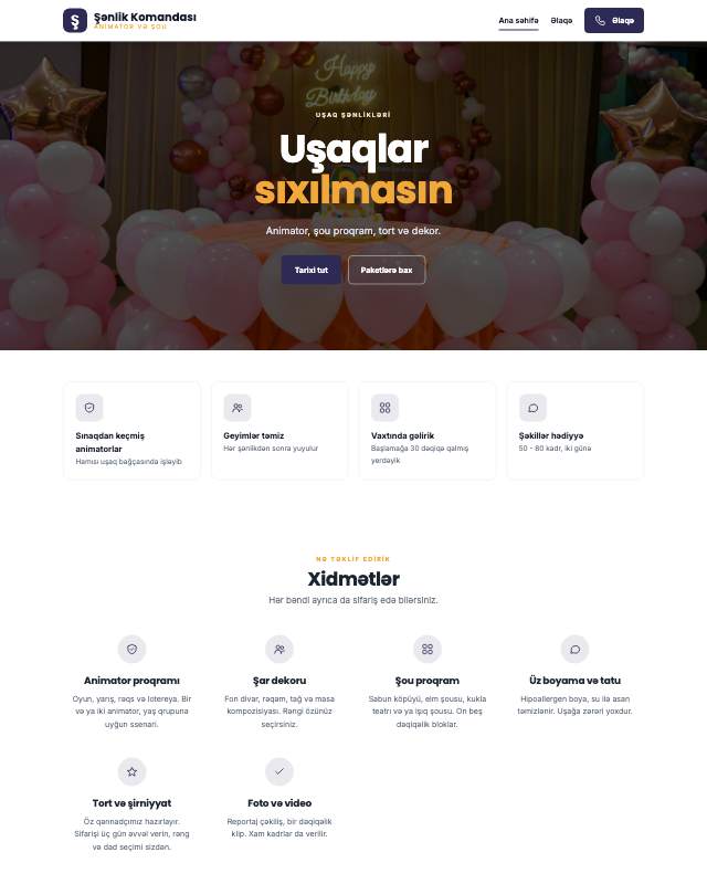 Uşaq şənlikləri · Rəngli sayt dizaynının ekran görüntüsü