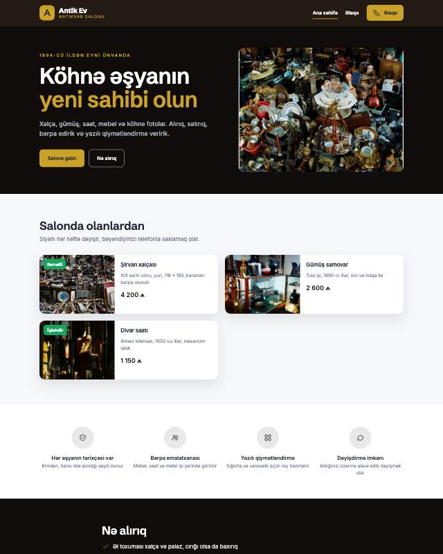 Antikvar mağazası üçün veb sayt şablonunun ekran görüntüsü