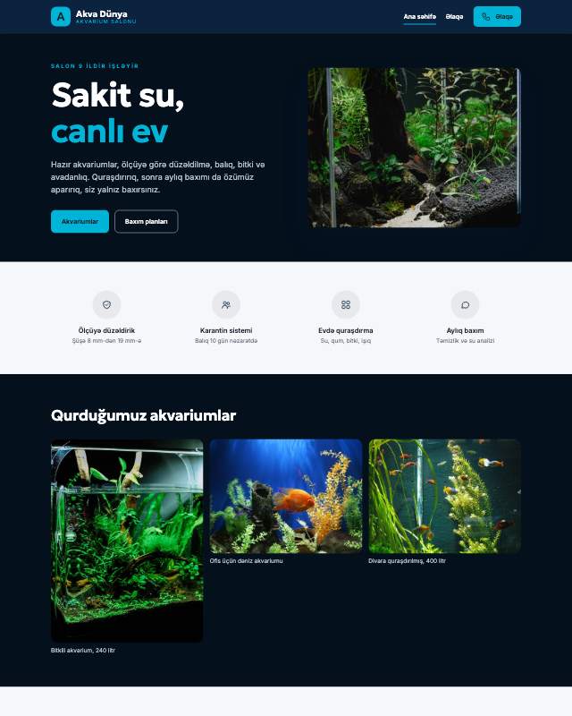 Akvarium mağazası üçün veb sayt şablonunun ekran görüntüsü