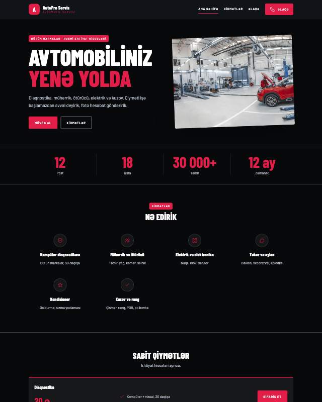 Avtoservis sayt dizaynının ekran görüntüsü
