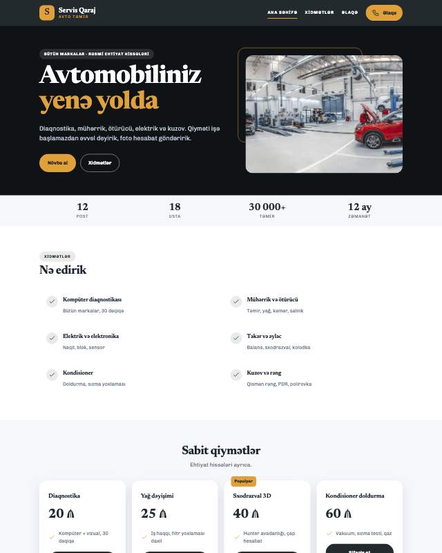 Avtoservis · Kart sayt dizaynının ekran görüntüsü