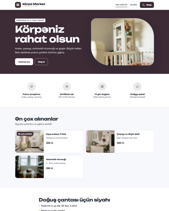 Körpə malları · Zərif veb sayt şablonunun ekran görüntüsü
