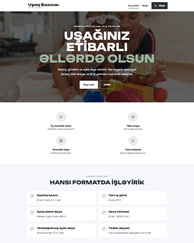 Dayə xidməti üçün veb sayt şablonu «Sakit»: ekran görüntüsü