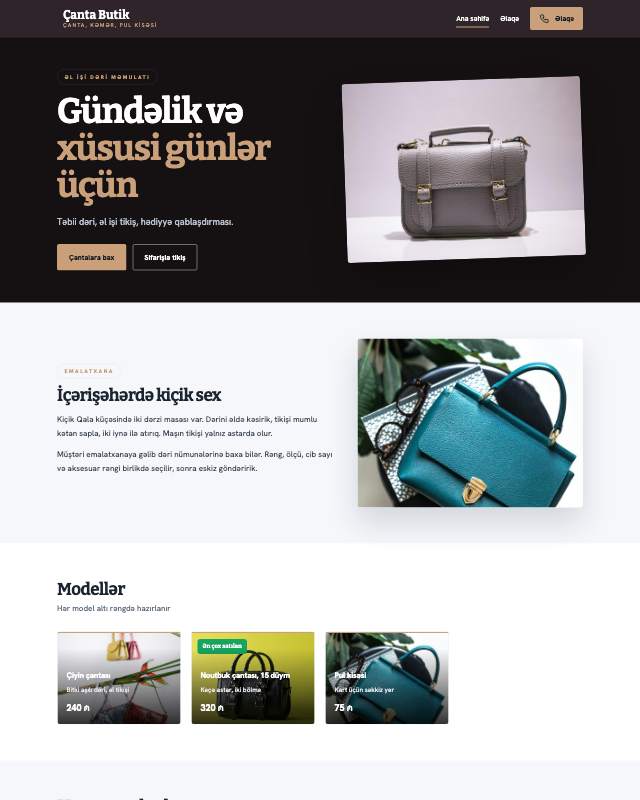Çanta və aksesuar · Butik veb sayt şablonunun ekran görüntüsü