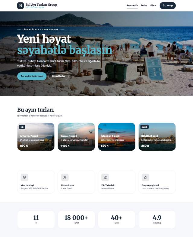 Bal ayı turları · Geniş sayt dizaynının ekran görüntüsü