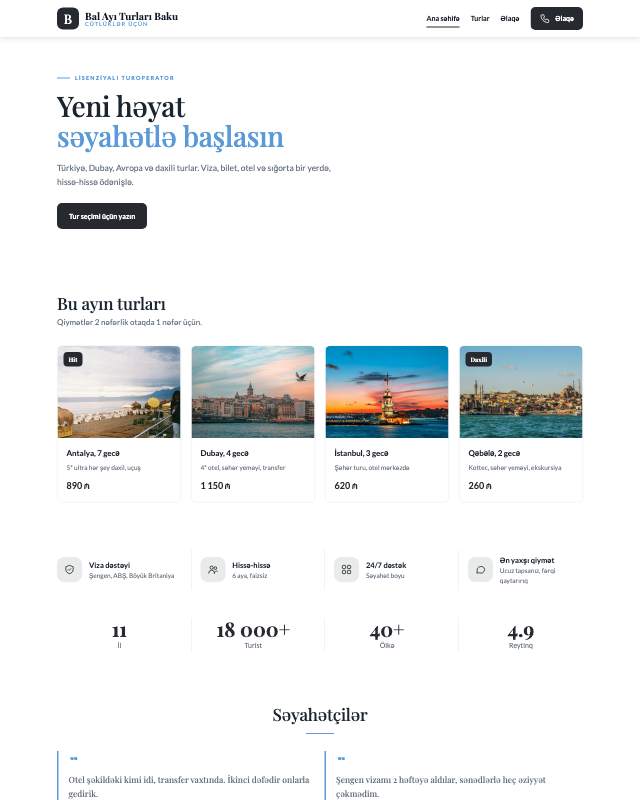 Bal ayı turları · Minimal sayt dizaynının ekran görüntüsü