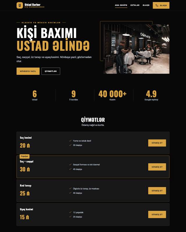 Barbershop sayt dizaynının ekran görüntüsü