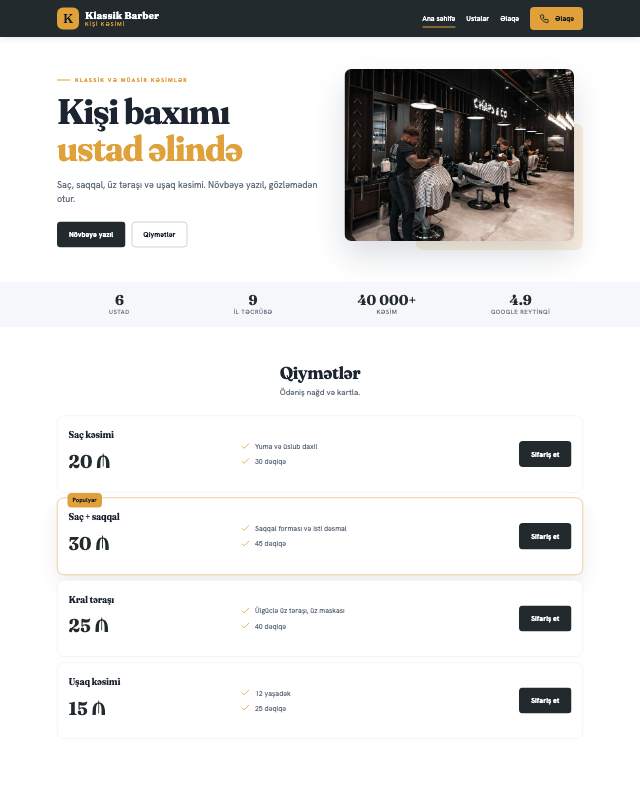 Barbershop · Kart sayt dizaynının ekran görüntüsü