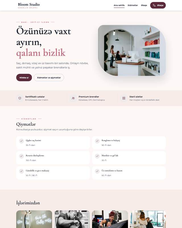 Gözəllik salonu sayt dizaynının ekran görüntüsü