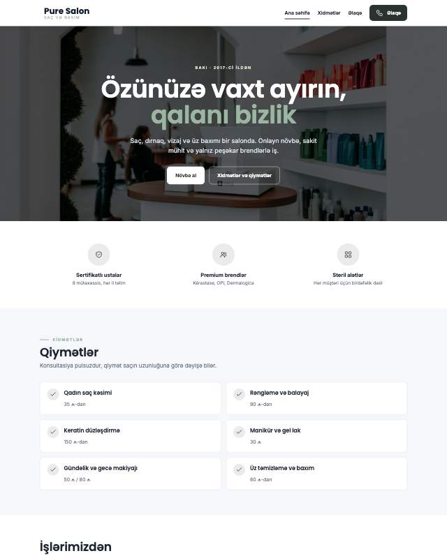 Gözəllik salonu üçün veb sayt şablonu «Sakit»: ekran görüntüsü