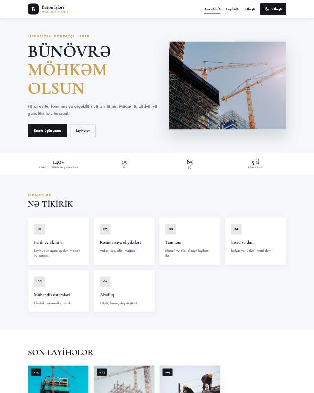 Beton işləri şirkəti üçün veb sayt şablonunun ekran görüntüsü