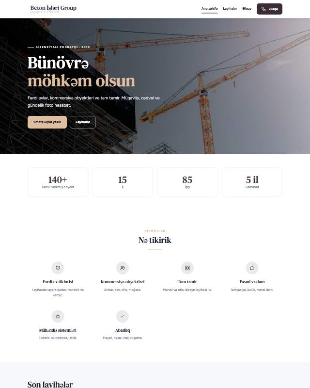 Beton işləri · Zərif veb sayt şablonunun ekran görüntüsü