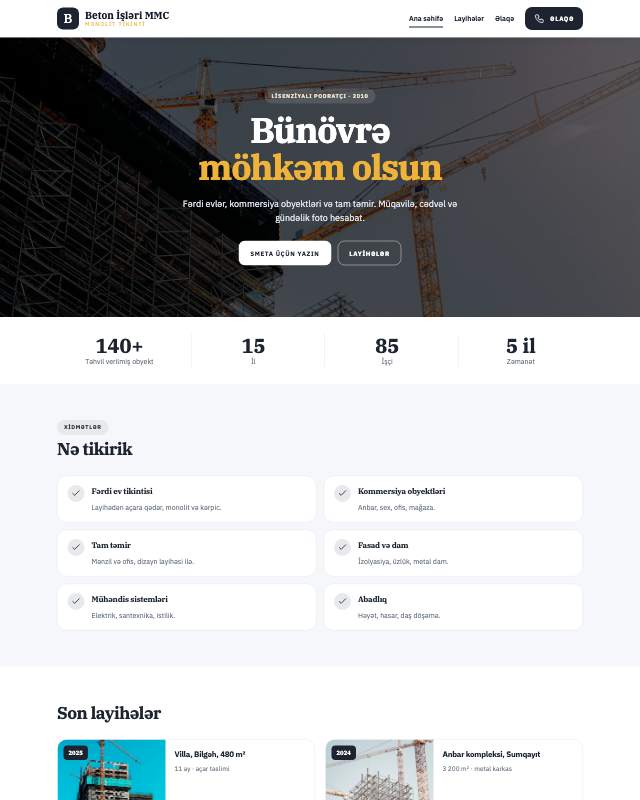 Beton işləri · Canlı veb sayt şablonunun ekran görüntüsü