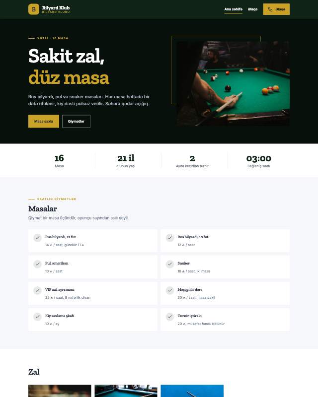 Bilyard sayt dizaynının ekran görüntüsü