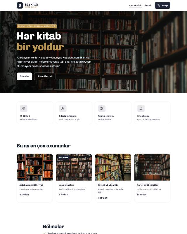 Kitab mağazası · Klassik veb sayt şablonunun ekran görüntüsü