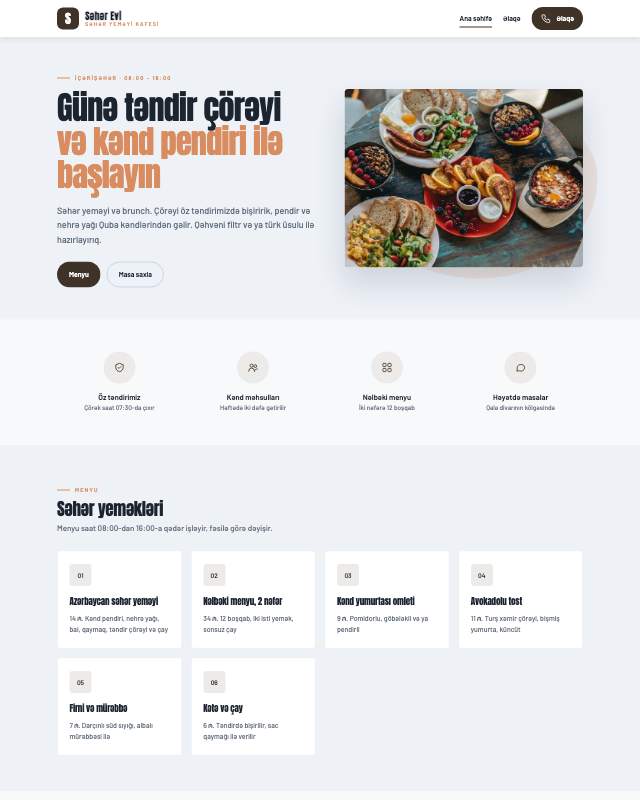 Səhər yeməyi kafesi sayt dizaynının ekran görüntüsü