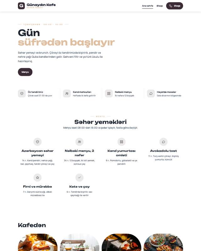 Səhər yeməyi kafesi · Zərif sayt dizaynının ekran görüntüsü