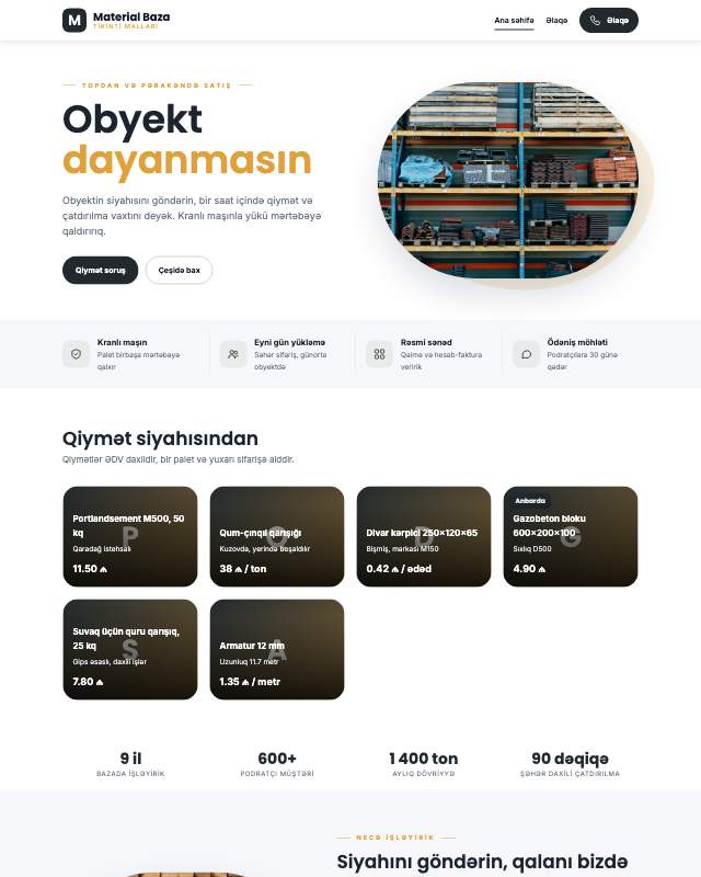 Tikinti materialları · Kart veb sayt şablonunun ekran görüntüsü