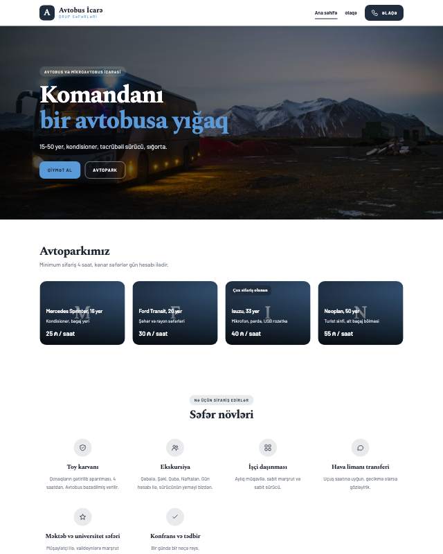 Avtobus icarəsi · Səfər sayt dizaynının ekran görüntüsü