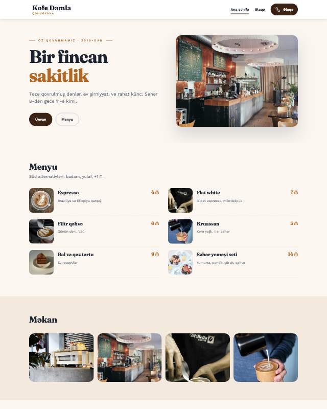 Kafe / Qəhvəxana sayt dizaynının ekran görüntüsü