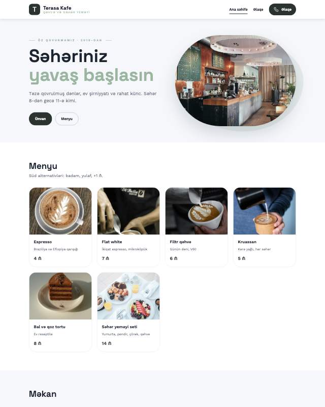 Kafe / Qəhvəxana · Sakit sayt dizaynının ekran görüntüsü