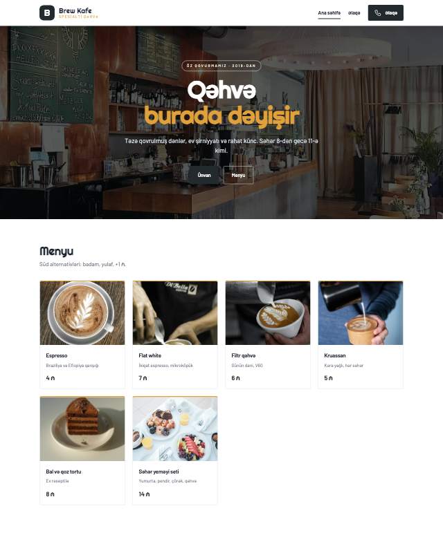Kafe / Qəhvəxana · Kart sayt dizaynının ekran görüntüsü
