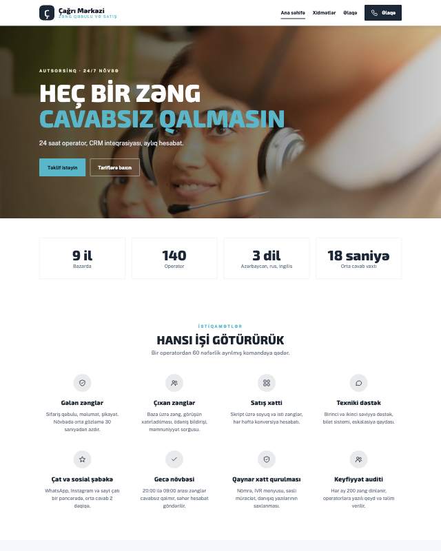 Çağrı mərkəzi · Xətt sayt dizaynının ekran görüntüsü