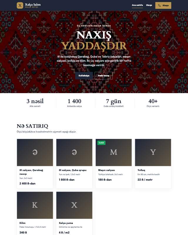 Xalça mağazası · Klassik veb sayt şablonunun ekran görüntüsü