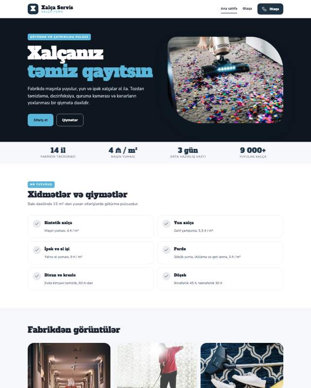Xalça yuma · Mavi sayt dizaynının ekran görüntüsü