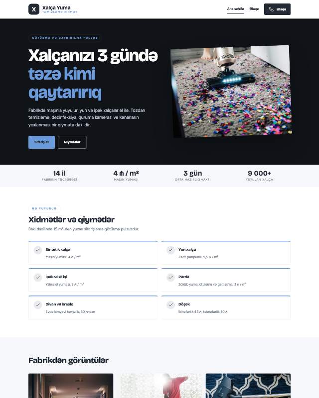 Xalça yuma · Sadə sayt dizaynının ekran görüntüsü