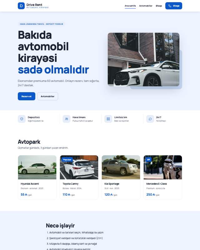 Avto kirayə sayt dizaynının ekran görüntüsü