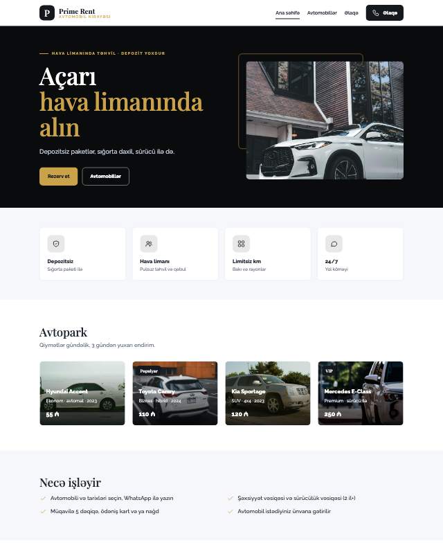 Avto kirayə · Premium sayt dizaynının ekran görüntüsü