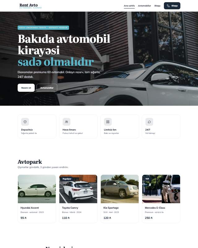 Avto kirayə · Geniş sayt dizaynının ekran görüntüsü