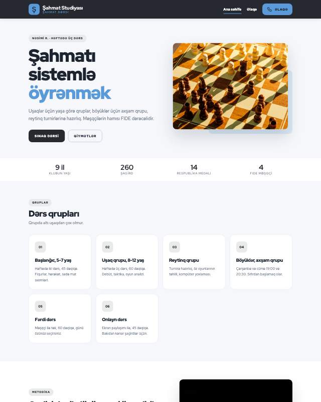 Şahmat məktəbi · Minimal veb sayt şablonunun ekran görüntüsü