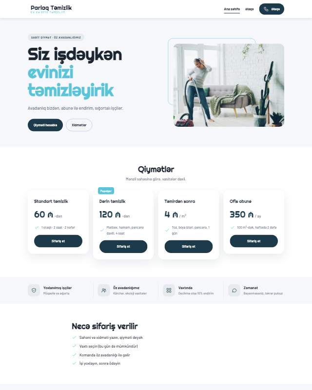 Təmizlik xidməti üçün veb sayt şablonu «Təmiz»: ekran görüntüsü