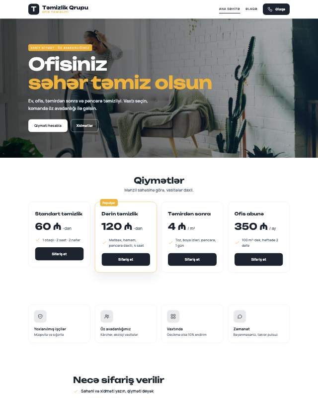 Təmizlik xidməti · Canlı sayt dizaynının ekran görüntüsü
