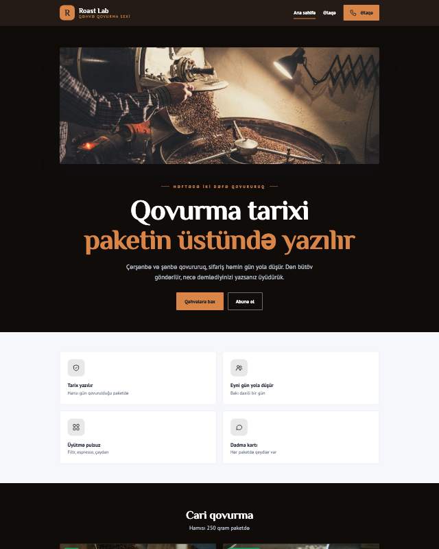 Qəhvə qovurma sayt dizaynının ekran görüntüsü