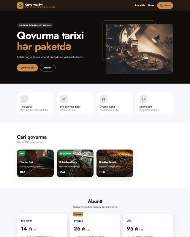 Qəhvə qovurma · Sənaye sayt dizaynının ekran görüntüsü
