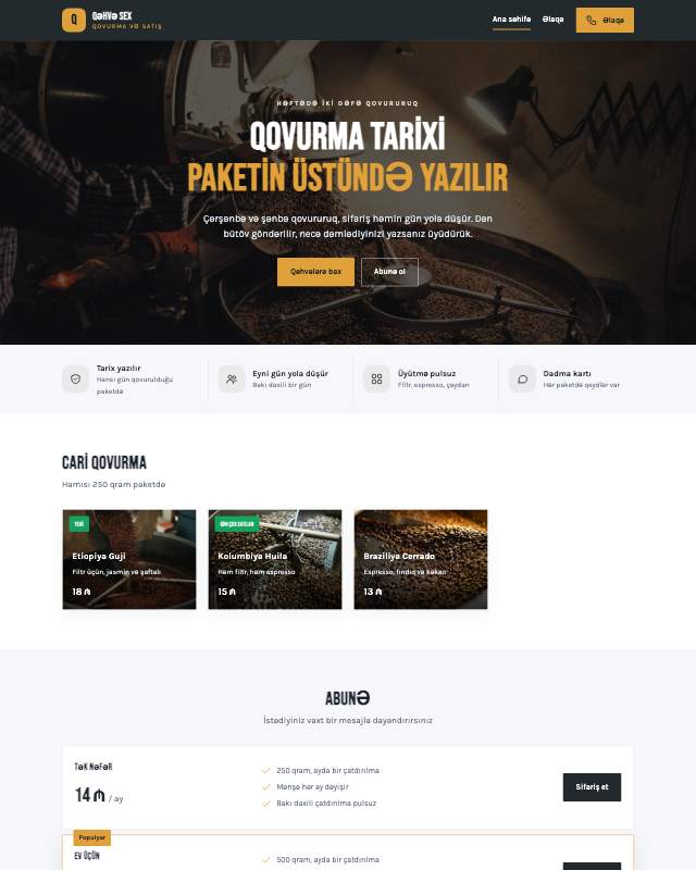 Qəhvə qovurma · Kart sayt dizaynının ekran görüntüsü