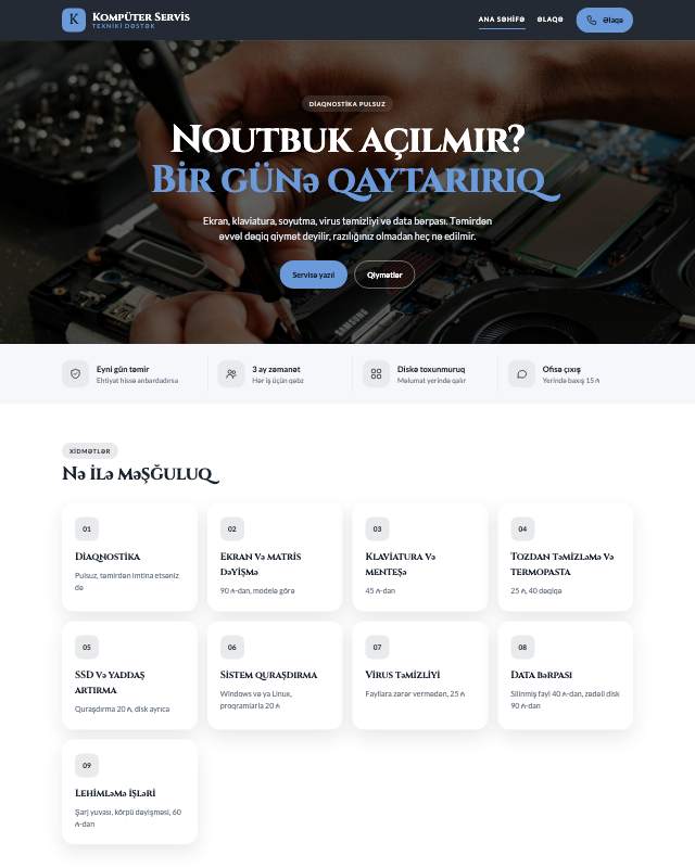 Kompüter təmiri · Sadə sayt dizaynının ekran görüntüsü