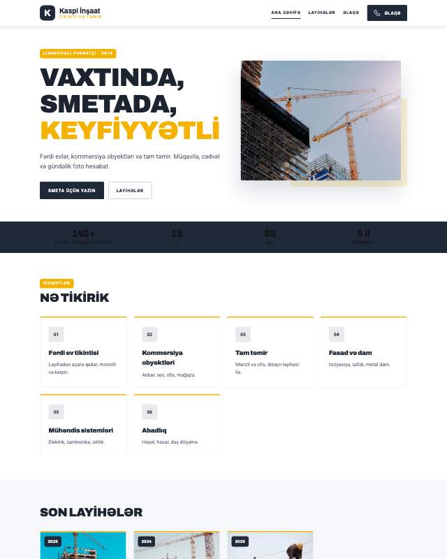Tikinti şirkəti sayt dizaynının ekran görüntüsü