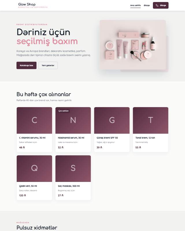 Kosmetika mağazası üçün veb sayt şablonunun ekran görüntüsü